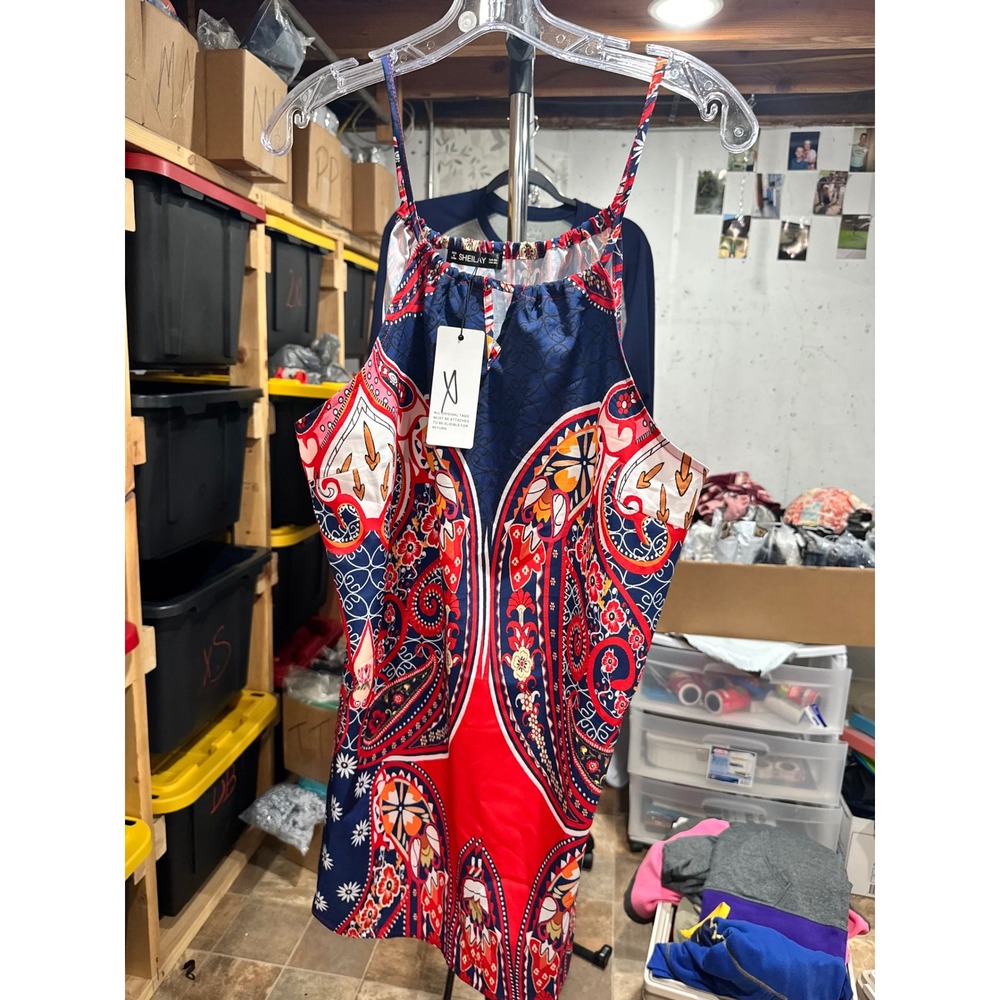Sheilay Womens 3XL Paisley Print Halter Tank Top Red Navy Blue Boho Blouse NEW